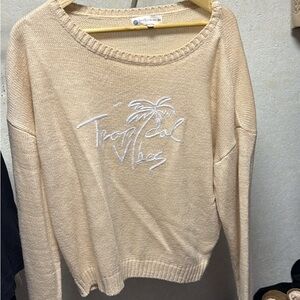 Beige Crew Neck Sweater with Tropical Design